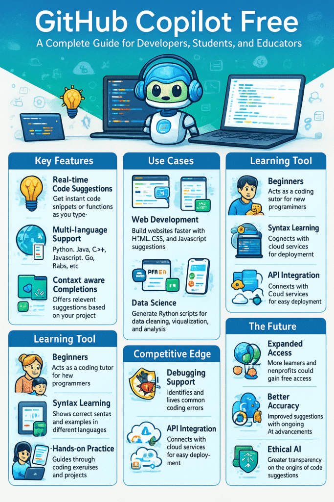 Infographic guide to GitHub Copilot Free features, use cases, learning tools, and future AI coding improvements.