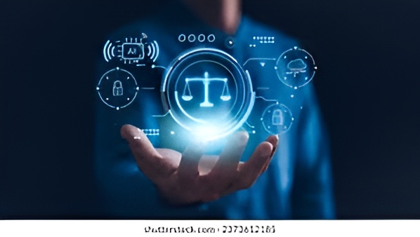 Hand holding digital justice symbols.