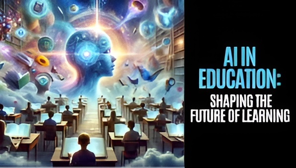 AI in education concept showing students learning with digital technology and futuristic AI visualization