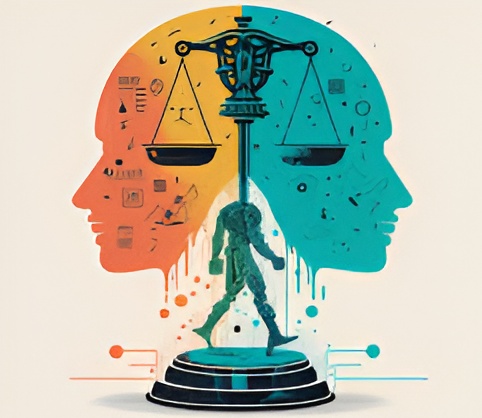 Abstract illustration of two human profiles with a balance scale, symbolizing ethics, choices, and moral judgment.