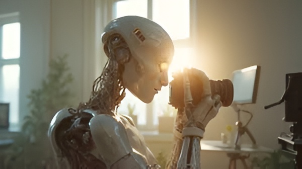 Robot holding a camera in sunlight.