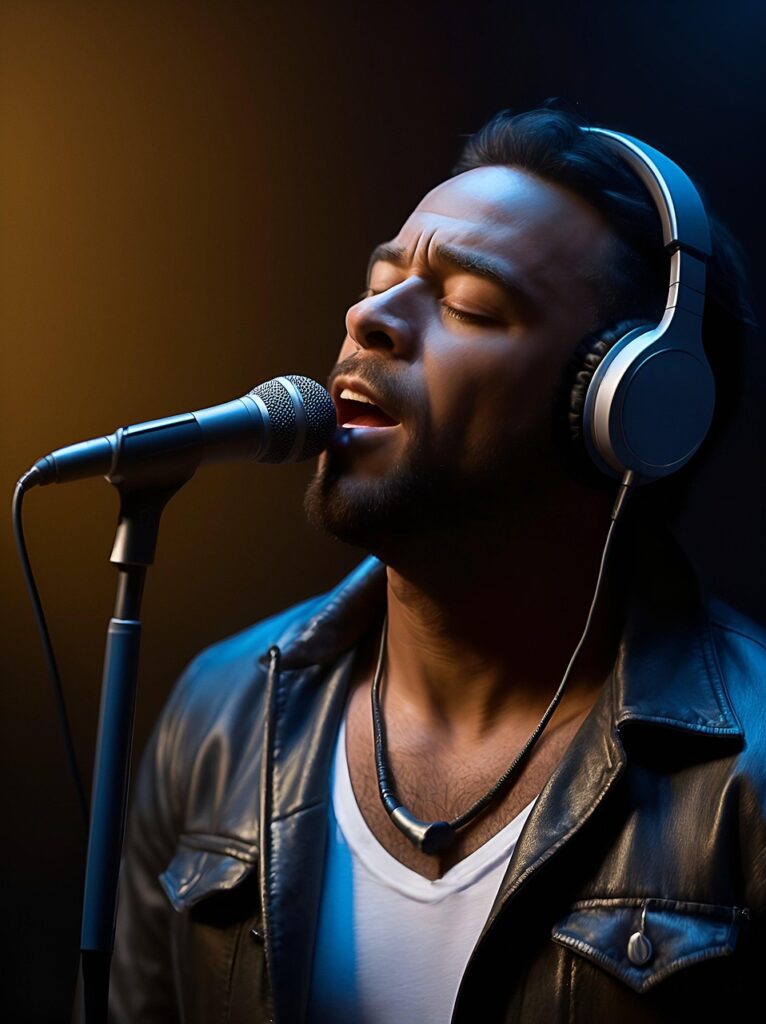 Singer performing with microphone and headphones