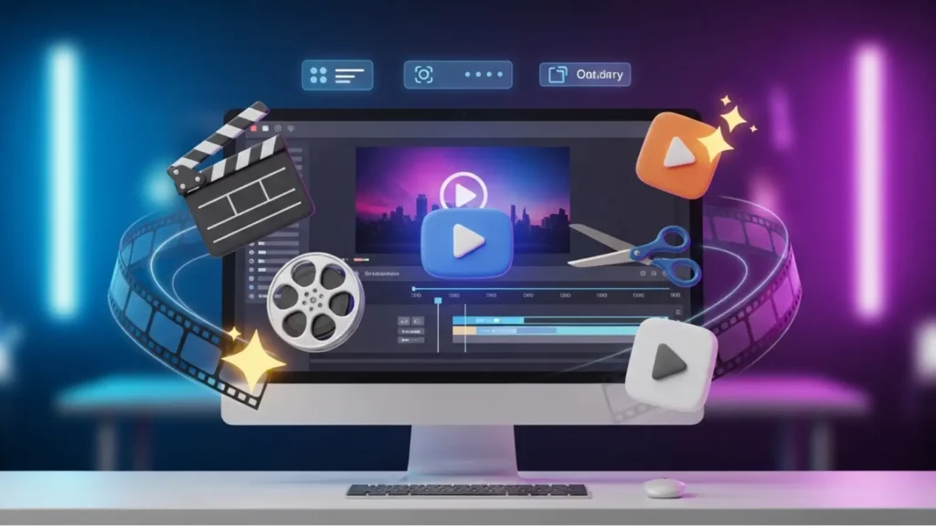 AI-powered video editing interface displayed on a computer screen with film reel, scissors, clapperboard, and play icons around it.