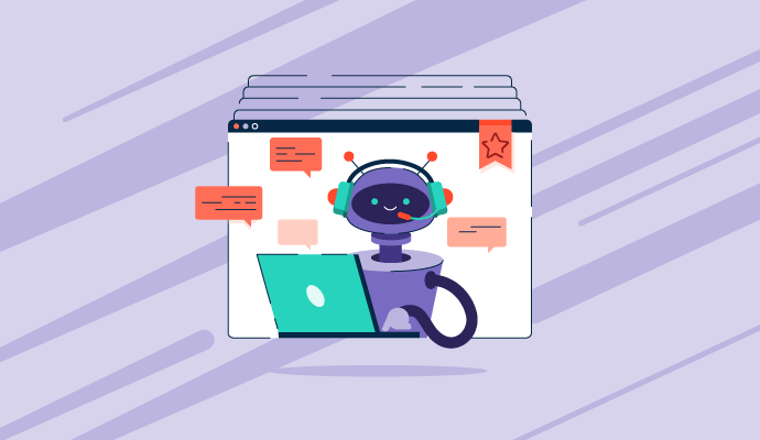 AI robot working on a laptop with chat and notification icons around it