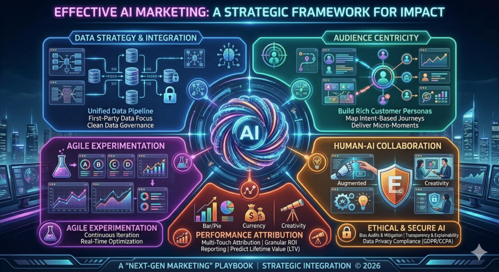 Infographic on a smartphone showing an effective AI marketing framework, including data strategy, audience centricity, agile experimentation, human-AI collaboration, and performance attribution.
