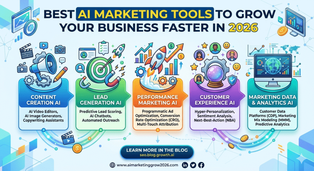 Best AI marketing tools to grow your business faster in 2026 including content creation, lead generation, performance marketing, customer experience, and analytics AI