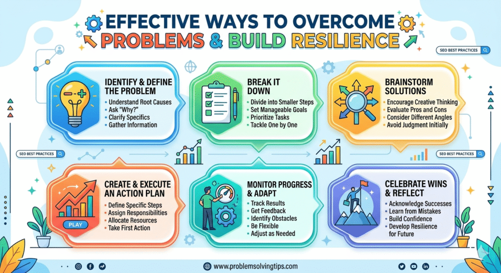 Infographic showing effective ways to overcome problems and build resilience with six colorful steps and icons.
