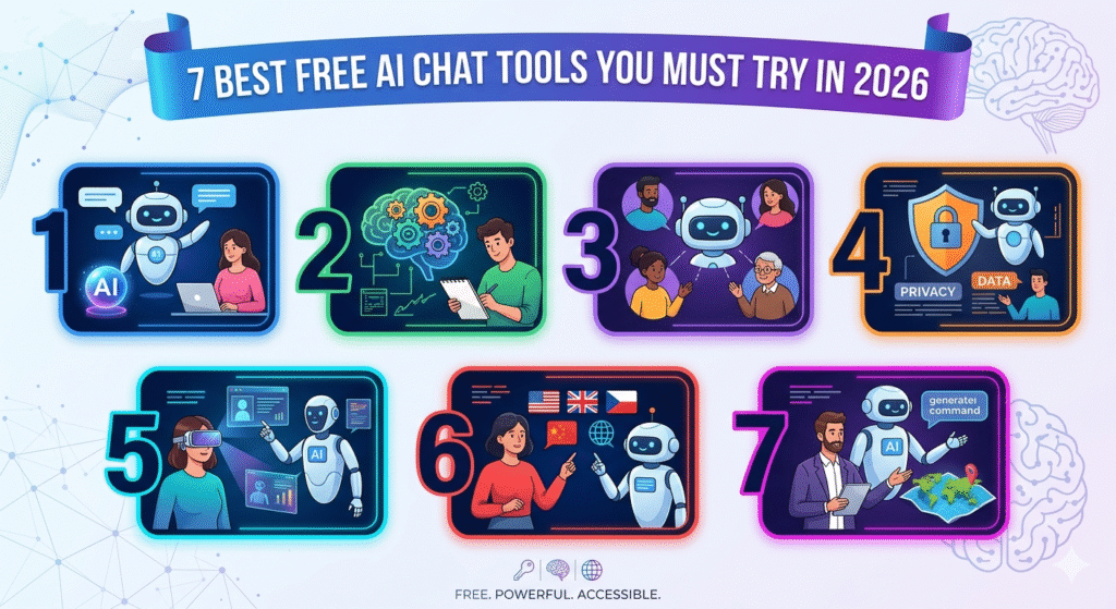 A colorful infographic titled "7 Best Free AI Chat Tools You Must Try in 2026" featuring seven numbered panels. Each panel illustrates a unique AI use case, including a woman chatting with a robot, a man coding with a digital brain, a group of diverse people interacting with an AI bot, and a privacy shield protecting user data. The design is modern and clean with a futuristic blue and purple color scheme.