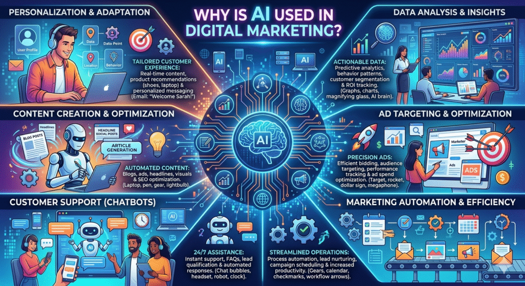 Infographic on a smartphone screen explaining why AI is used in digital marketing, showing sections like personalization, content creation, chatbots, data analysis, ad targeting, and automation.
