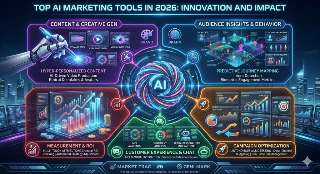 Infographic on a smartphone showing top AI marketing tools in 2026, highlighting content creation, audience insights, ROI measurement, customer experience, and campaign optimization.
