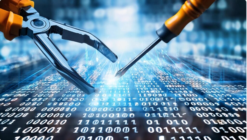 Robotic arms assembling digital data over binary code background, symbolizing automation, artificial intelligence, and robotics technology.