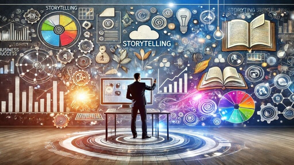 Person standing at a computer analyzing data and storytelling visuals with charts, icons, and creative elements in a futuristic digital environment.