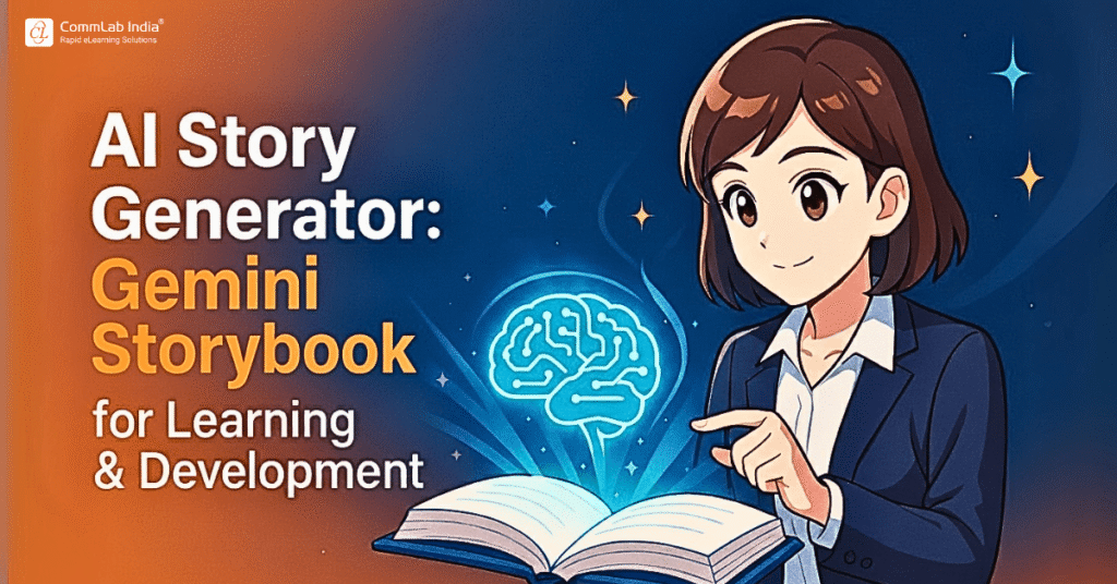 story AI generator, Illustration of an AI story generator titled Gemini Storybook, showing a cartoon girl reading a glowing book with a brain icon above it.