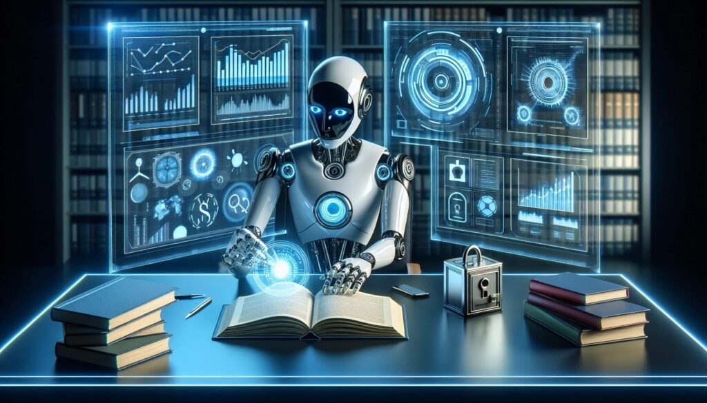Futuristic robot using AI to read and analyze a glowing book, surrounded by digital data screens and charts.