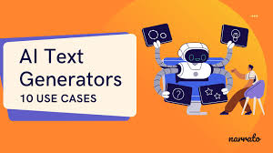 Illustration of an AI robot holding content cards next to the text “AI Text Generators – 10 Use Cases” on an orange background.